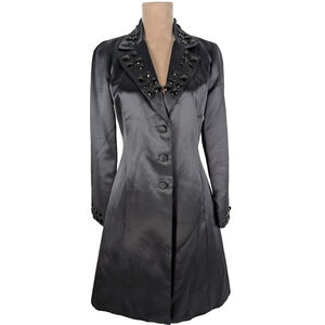 Vtg BIYA Embellished Satin Long Jacket Coat Navy Sz S Retro Goth 90's Y2K Unique